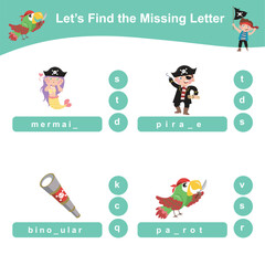 Lets find the missing letter. Missing letters worksheet. Complete the letters in English. Kids educational game. Printable worksheet for preschool
