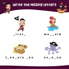 Write the missing letters. Missing letters worksheet. Complete the letters in English. Kids educational game. Printable worksheet for preschool. Writing practice