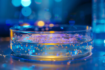 A clear glass dish with a blue liquid in it