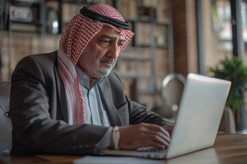 A man wearing a black suit and a red and white scarf is sitting at a desk
