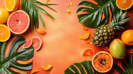 Tropical Fruits and Leaves on Pastel Background top view