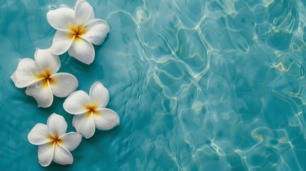 Fototapeta na wymiar Tropical flowers in a top view floating over a background of blue water