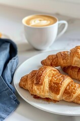 Two Croissants on a Plate With a Cup of Coffee