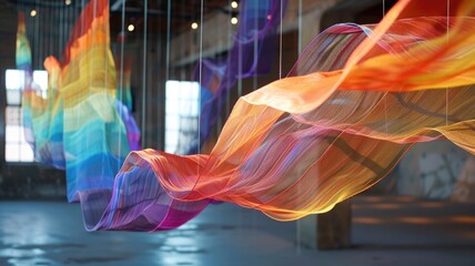 image of flowing, colorful ribbons that twist and turn, forming a path through an abstract space are visualized as tangible, colorful ribbons weaving through the air - obrazy, fototapety, plakaty