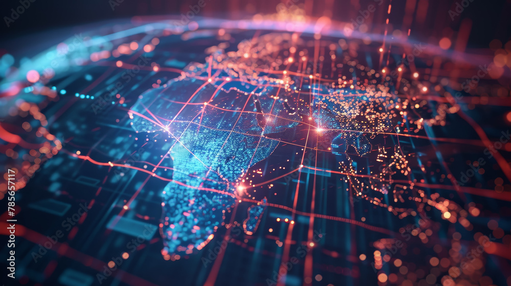 Poster a computer generated image of the world with a red and blue color scheme