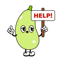 Cute Vegetable marrow with an inscription help character. Vector hand drawn traditional cartoon vintage, retro, kawaii character illustration. Isolated white background. Vegetable marrow character
