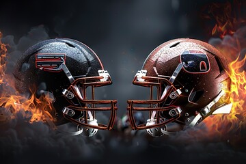 Intense Showdown American Football Helmets in Fiery Head-to-Head Challenge Match.
