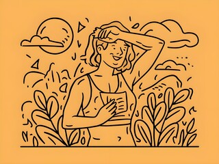 Illustration of a woman sweat in hot  line art 