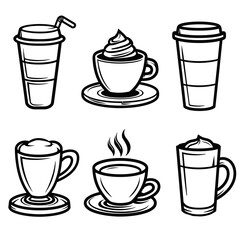 Beverage Drink Cups Icon Collection Isolated Black Line Transparent Illustrations 