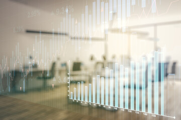 Double exposure of abstract creative financial chart hologram on modern corporate office...