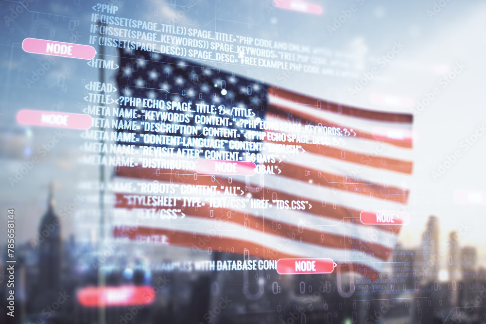 Poster multi exposure of abstract programming language hologram on us flag and city background, artificial 