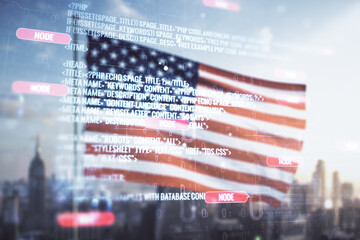 Multi exposure of abstract programming language hologram on US flag and city background, artificial...