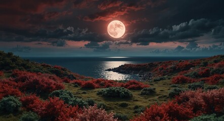 moon over the lake, round moon, red and green grass, natural,