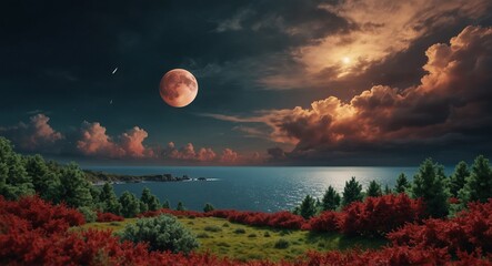 moon over the lake, round moon, red and green grass, natural,