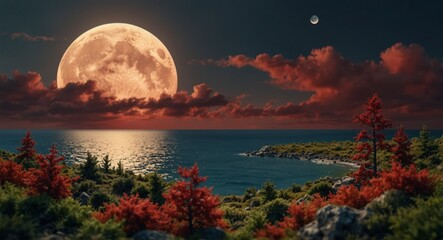 moon over the lake, round moon, red and green grass, natural,