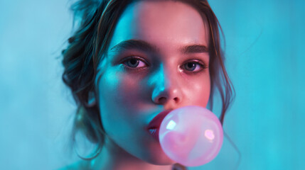 Fototapeta na wymiar Young woman with bubble gum bubble on blue background