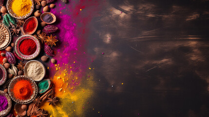 Multicolor powder explosion on black background. Colored cloud. Colorful dust explode. Paint Holi.
