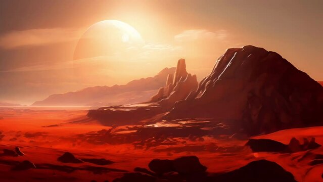A large moon rises over a rocky empty alien landscape. Dreamy red planet surface with flying sand and space dust