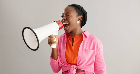 Megaphone, excited and black woman on gray background for news, announcement and information....