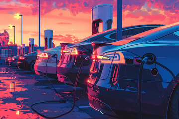 illustration of electric cars charging at an outdoor station, futuristic urban landscape