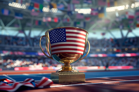 Gold trophy cup on professional grand arena - Powered by Adobe