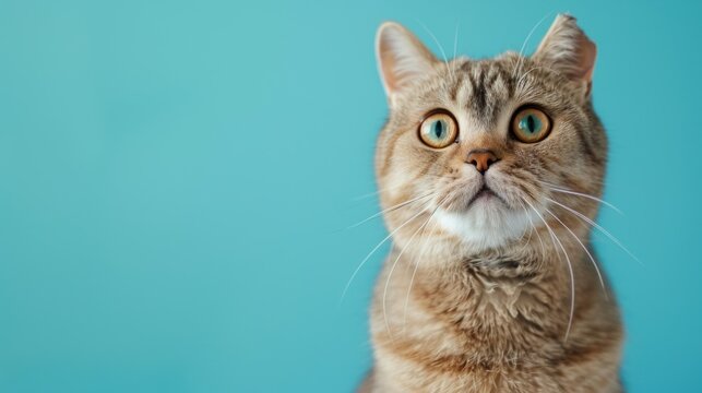 Portrait a funny shocked british short hair cat pet animal on blue background. AI generated image