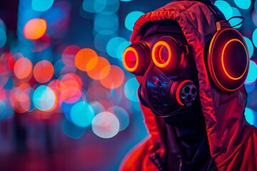 Futuristic gas mask with neon city reflections