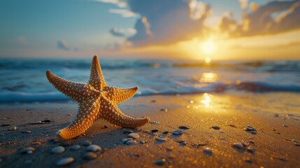 Starfish on Beach With Sun in Background - obrazy, fototapety, plakaty