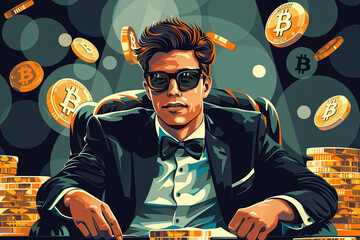 rich man in black suit and sunglasses sitting at table with pile of bitcoin