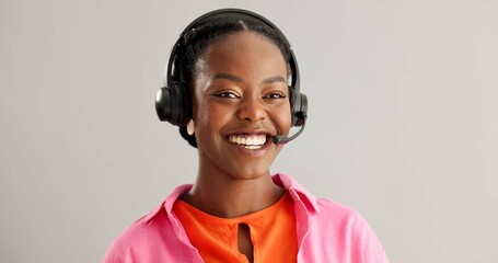 Call center, virtual assistant or black woman in studio consulting for b2b, crm or faq on grey...