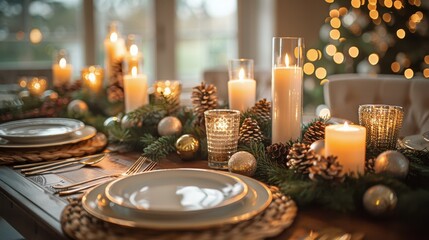 Naklejka premium Elegant Holiday Dinner Table Set With Candles