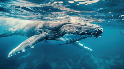 Portrait humpback whale swimming in blue ocean water. AI generated image