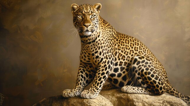 Portrait a wild leopard sitting on a stone. AI generated image