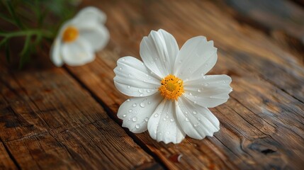 Fototapeta na wymiar White Flower on Wooden Table