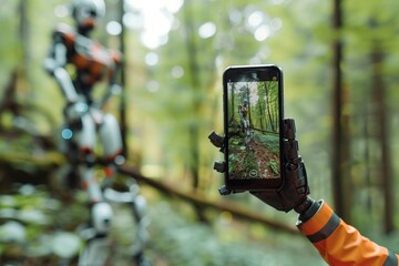 Robot in a forest taking a selfie with smartphone