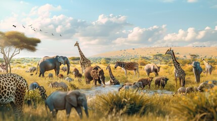 Group of African safari animals stands together in the savanna grassland. AI generated image - obrazy, fototapety, plakaty