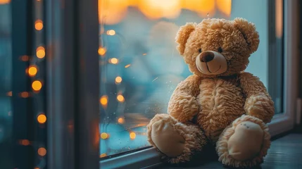Rolgordijnen Bear Sitting in Front of Window © olegganko