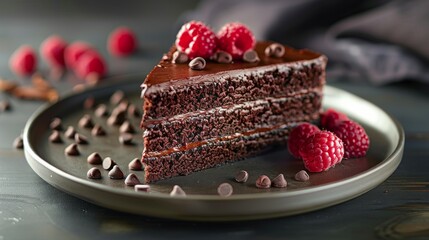 Chocolate Cake With Raspberries on a Plate