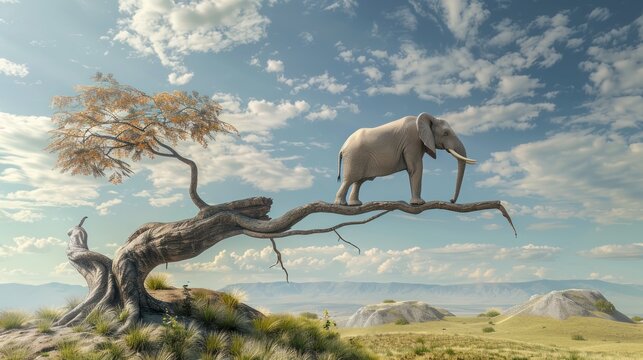 3d render illustration big elephant animal stands on tree branch on outdoor landscape. AI generated
