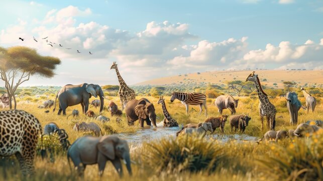 Group of African safari animals stands together in the savanna grassland. AI generated image