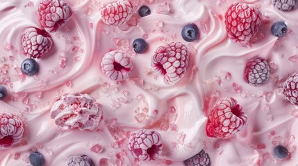 Yogurt ice cream with fruits, creme texture, top view