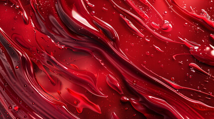 Red lacquered shiny glossy surface. Abstract background with stains and drops. Background for design with cosmetics. - 785660943