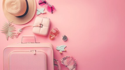 Luggage with travel accessories on pink background, top view - Powered by Adobe
