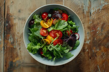 a bowl of salad, top-down view, photography 