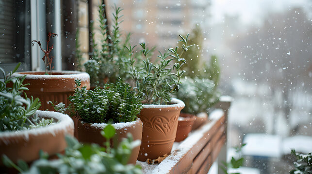 A balcony herb garden in the snow showing hardy herbs like rosemary and thyme enduring the winter months symbolizing resilience.