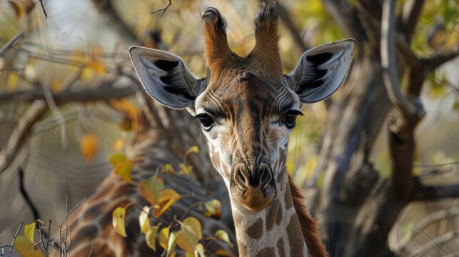 Portrait a young funny angolan giraffe animal wildlife in savanna. AI generated image