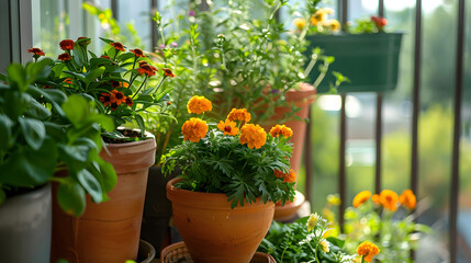 A balcony herb garden utilizing organic pest control methods with companion plants like marigolds deterring pests naturally. - obrazy, fototapety, plakaty