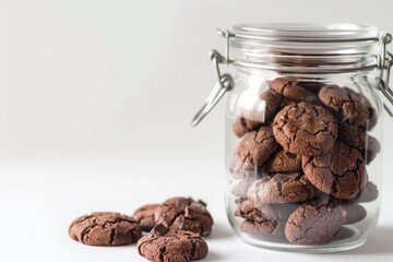 chocolate cookies inside a glass jar, white background, photography 