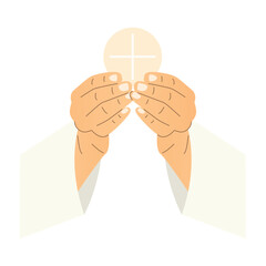 hands of priest holding holy eucharistic host, communion, wafer; it's ideal for religious publications, church newsletters, or spiritual websites- vector illustration