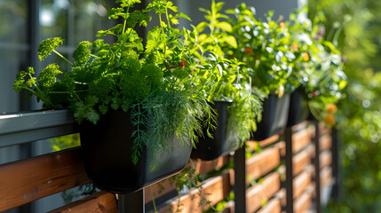 A balcony railing lined with hanging planters of dill parsley and mint maximizing small space gardening.